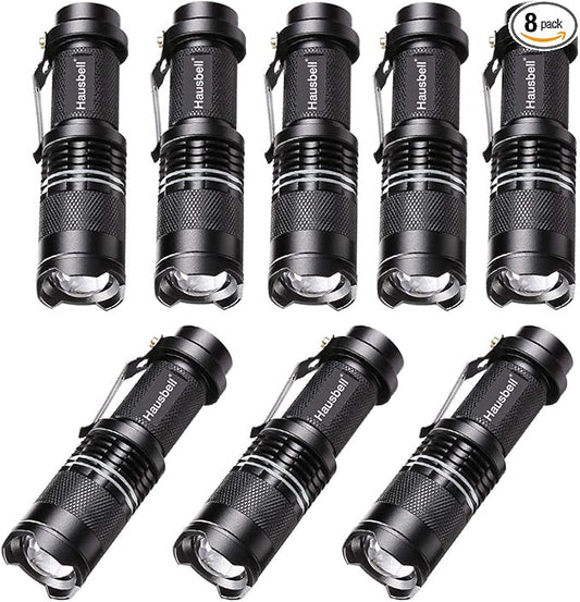 HAUSBELL Flashlights, Handheld Flashlights, Upgraded 7W Mini LED Flashlights, Tactical Flashlights High Lumens, Zoomable 3 Modes Flash Light for Kids Indoor Outdoor Hiking Camping, 8 Pack