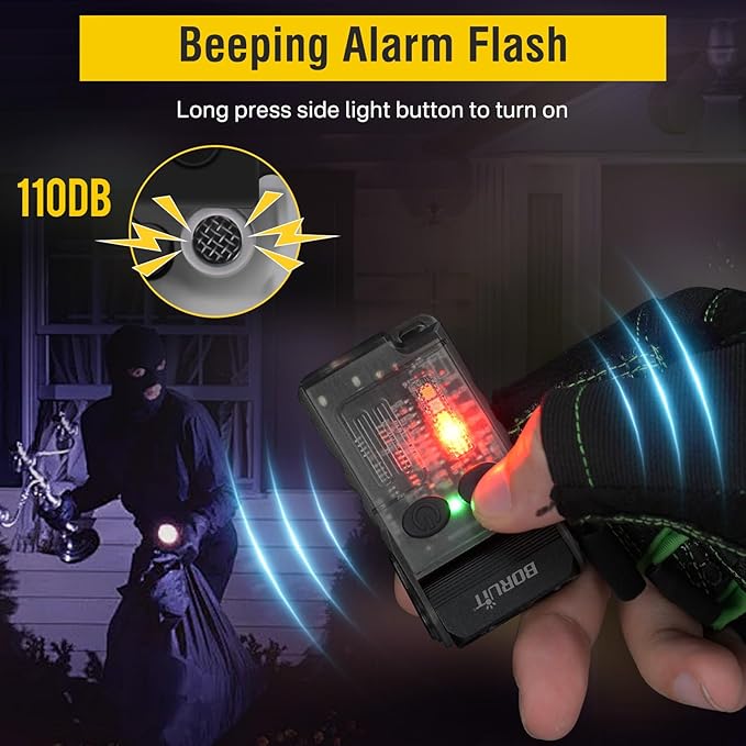 BORUIT V20 Small Powerful Flashlight 1000LM with 365nm UV, Red Blue Green Warm Light, 180° Swivels, 110dB Buzzer - Mini Keychain Pocket Rechargeable LED Flashlights USB EDC Clip Flash Light Black