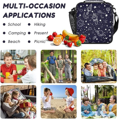 Insulated Lunch Bag for Girls - Reusable Lunch Box Water-Resistant Thermal Cooler Meal Tote Bag with Water Bottle Holder for School Picnic Travel (Universe Rocket)