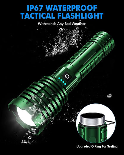 Super Bright Rechargeable LED Flashlights,True 2500000 High Lumens, Powerful Tactical Flashlight Up to 25H Long Battery Life |Zoomable|5Light Modes|IP67 Water Resistant for Camping (Green)