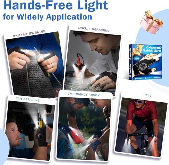 LED Flashlight Gloves Christmas Stocking Stuffers for Men Adult Rechargeable Finger Light Ideas Gifts for Men Dad Husband Boyfriend Him Cool Stuff Unique Gadgets Tool