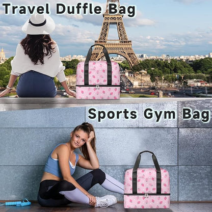 Sports Gym Bag Cute Strawberry Pink Travel Duffel Bag Waterproof Lightweight Swim Bag Travel Tote Luggage Weekender Overnight Handbag Workout Bag with Shoes Compartment for Women Men