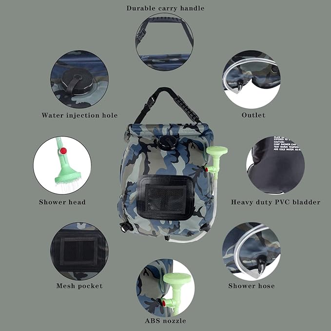 Portable Camping Shower Bag Solar Shower Bag for Camping 5 Gal/20L with On-Off Switchable Shower Head and Removable Hose for Camping,Hiking,Travel,Beach Swimming,Outdoor
