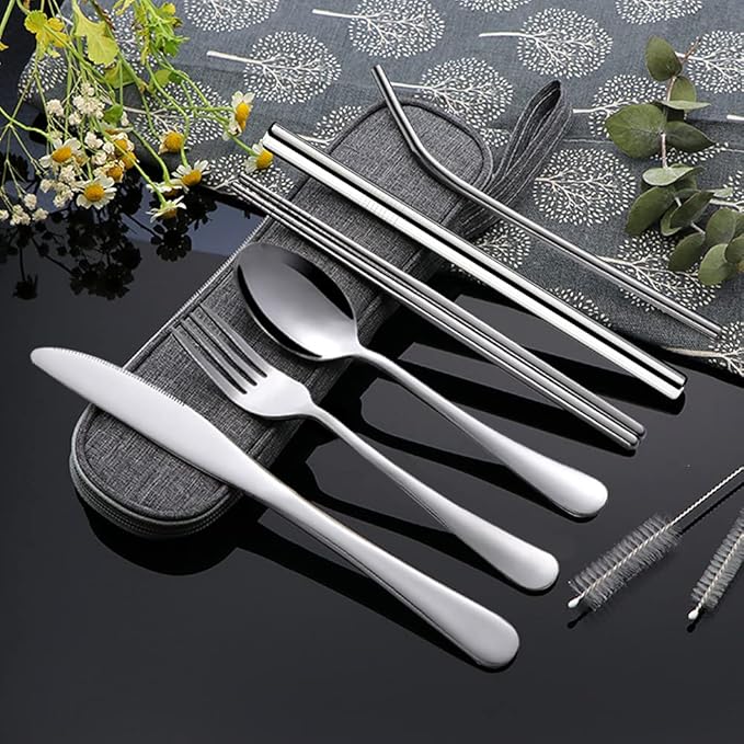 Travel Utensils with Case, Portable Travel Utensils Cutlery Set Stainless Steel Flatware Set for Camping 8pcs Including Dinner Knife Fork Spoon Chopsticks Boba Straw (Silver)