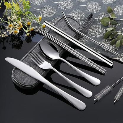 Travel Utensils with Case, Portable Travel Utensils Cutlery Set Stainless Steel Flatware Set for Camping 8pcs Including Dinner Knife Fork Spoon Chopsticks Boba Straw (Silver)