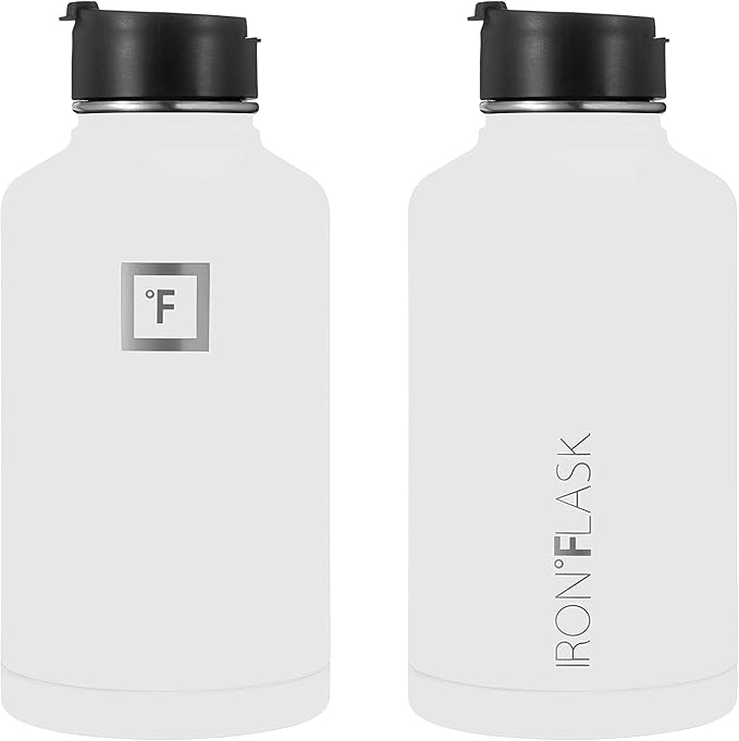 IRON °FLASK Camping & Hiking Hydration Flask, Wide Mouth, 3 Straw Lids, Stainless Steel Outdoor Water Bottle, Double Walled, Insulated Thermos, Metal Canteen - Winter White, 64 Oz
