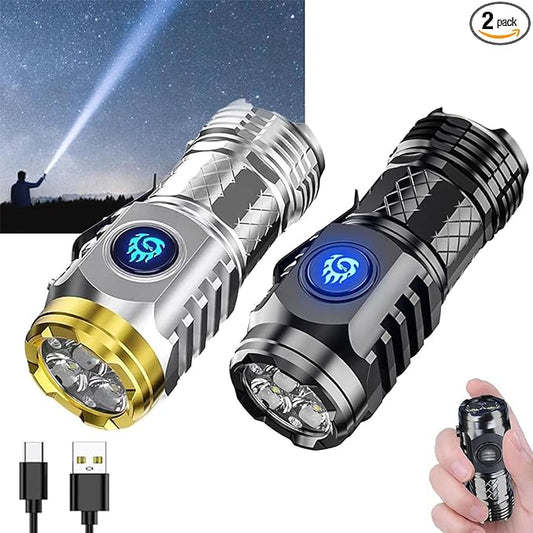 German Three-Eyed Monster Mini Flash Super Power Flashlight, Thumb Flashlight Mini Flashlights, Multi-Functional Mini Pen Clip Flashlight Light Steel High Lumen Rechargeable Waterproof (2Pcs-a)