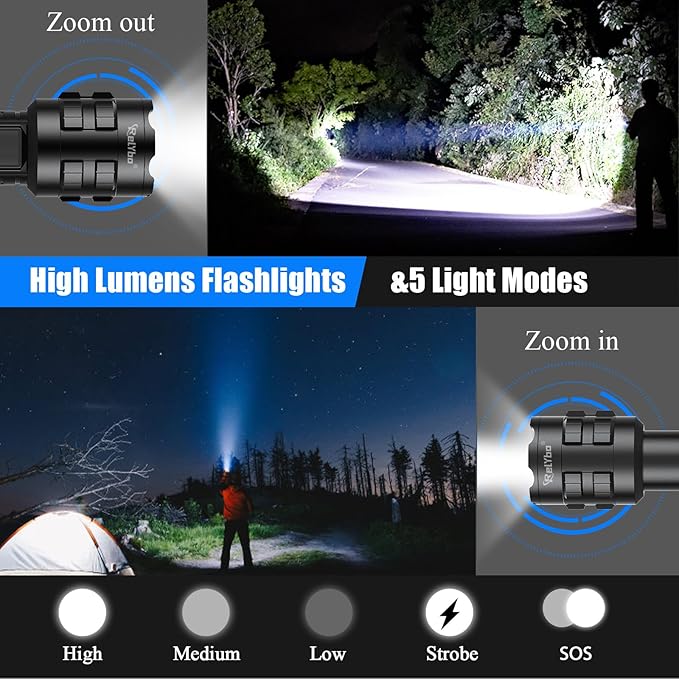 Rechargeable LED Flashlights High Lumens, 900,000 Lumens Tactical Flashlights, Super Bright High Powered Flash Light 5 Modes & 12H Long Runtime for Emergencies, Camping, Dog Walking