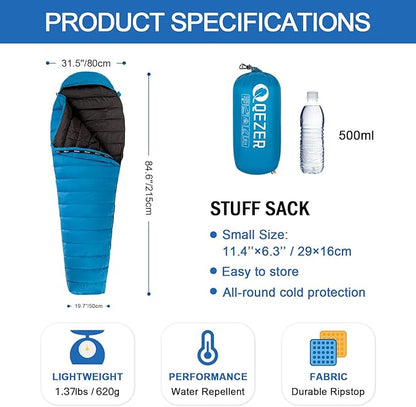 Ultralight Down Sleeping Bag for Adults with 600 Fill Power, Compact Sleeping Bag with Compression Sack for Backpacking, Hiking and Camping
