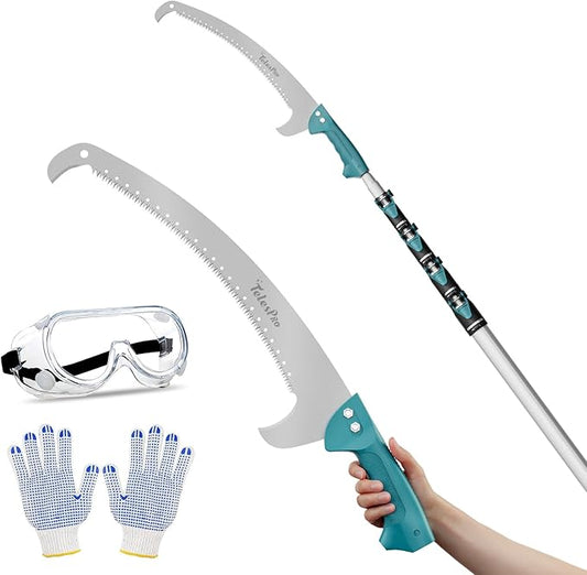 Extendable Tree Trimmer: Manual Pole Saw | 7-30ft Telescoping Pruning Pole for Tree Trimming | Saw Attachment, Safety Goggles, and Gloves Included | Trim Branches up to 2" Diameter