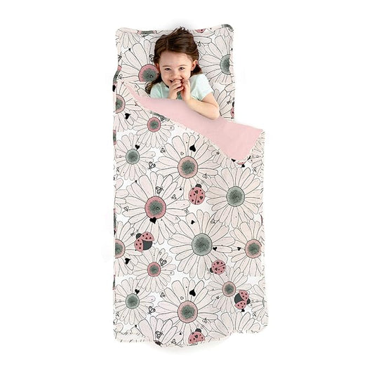 JumpOff Jo - Extra Long Toddler Nap Mat for Preschool, Daycare and Kindergarten - Sleeping Bag for Kids with Removable Pillow and Ultra Soft Blanket - Floral, Daisy Bug