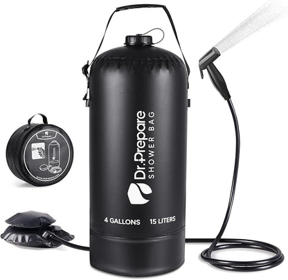 DR.PREPARE Camping Shower, 4 Gallons/15L Portable Shower with Foot Pump, Large Water Inlet, Outdoor Camp Shower Bag for Camping, Beach, Hiking, Climbing