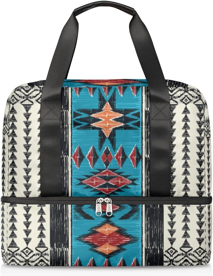 Sports Gym Duffel Bag - Aztec Boho Travel Tote, Waterproof Lightweight Swim Luggage, Weekender Overnight Handbag With Shoes Compartment for Women Men