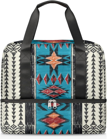 Sports Gym Duffel Bag - Aztec Boho Travel Tote, Waterproof Lightweight Swim Luggage, Weekender Overnight Handbag With Shoes Compartment for Women Men
