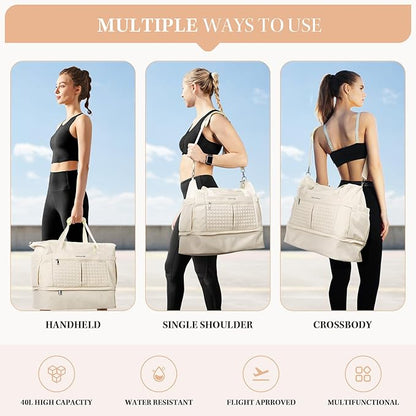 Maelstrom Gym Bag for Women,40L Travel Duffel Bag with Shoes Compartment and Wet Pocket,Waterproof Carry On Weekender Bag,Sport Gym Tote Bags Swimming Yoga, Hospital Holdalls-Beige