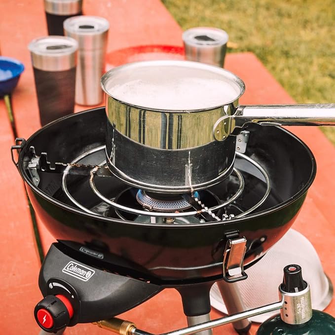 Coleman 4-in-1 Portable Propane Camping Stove, Includes Stove, Wok, Griddle & Grill; Camping Grill with Instastart Ignition, Grease Tray, & 7000 BTUs of Power for Camping, Tailgating, Grilling