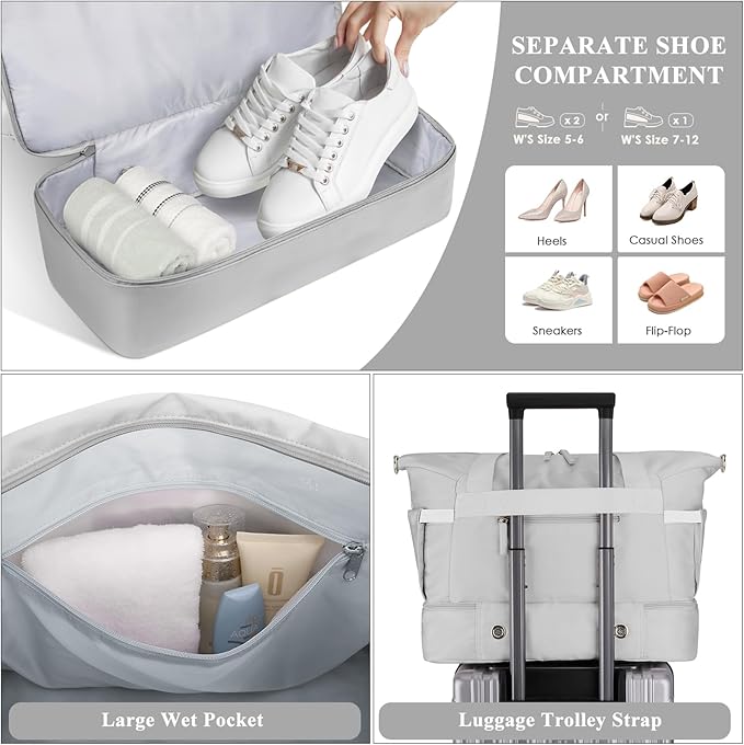 ETRONIK Gym Bag for Women, Travel Duffel Bag with USB Charging Port, Weekender Overnight Bag with Wet Pocket and Shoes Compartment for Women, Travel, Gym, Yoga (Grey)