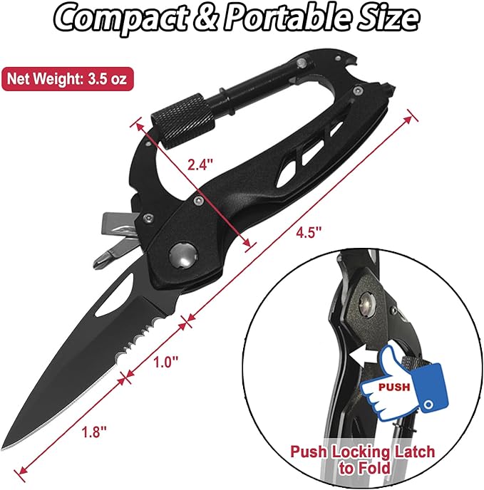 Carabiner Multitool 7-in-1, Carabiner with Pocket Knife, Serrated Folding Knife, Rope Cutter, Bottle Opener, Window Breaker, Screwdriver, Unique Gifts for Men, Outdoor Survival Gear, Camping Hiking