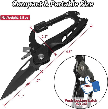 Carabiner Multitool 7-in-1, Carabiner with Pocket Knife, Serrated Folding Knife, Rope Cutter, Bottle Opener, Window Breaker, Screwdriver, Unique Gifts for Men, Outdoor Survival Gear, Camping Hiking