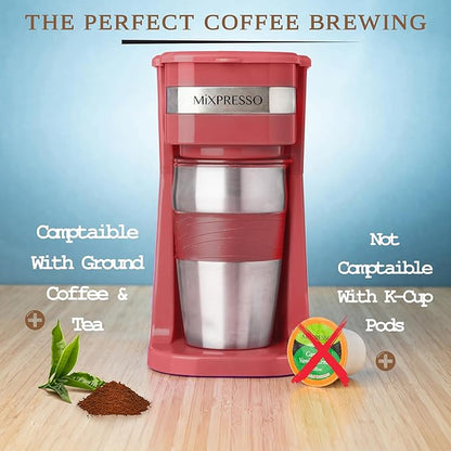Mixpresso Personal Single-Serve Coffee Maker & 14oz Travel Mug, Drip Small Tumbler With Auto Shut Off & Reusable Filter, Red, Compatible With Coffee Grounds