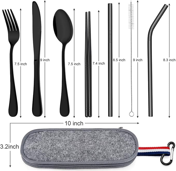 Travel Utensils with Case, E-far 8-Piece Reusable Camping Silverware Set, Portable Stainless Steel Cutlery Flatware Set Includes Knife, Fork, Spoon, Chopsticks, Straws, Cleaning Brush (Black)