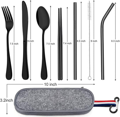 Travel Utensils with Case, E-far 8-Piece Reusable Camping Silverware Set, Portable Stainless Steel Cutlery Flatware Set Includes Knife, Fork, Spoon, Chopsticks, Straws, Cleaning Brush (Black)