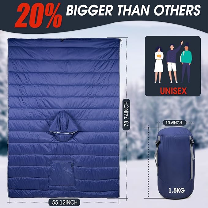 Sleeping Bag Wearable Hooded Blanket - Envelope Lightweight Thermal Cloak Cape Windproof with Premium Stuff Compression Sack for Backpacking Hiking Hunting Fishing Outdoor Sport