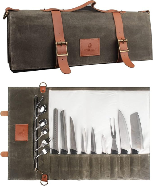FIREDOG Wessleco Chef Knife Roll Bag (10 Pockets), Waxed Canvas Knife Carrying Case Storage with Handle & Shoulder Strap, Zipper Pouch for Culinary Tools (Knives Not Included)