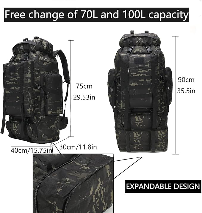Hiking Backpack for Men 70L/100L Camping Backpack Military Rucksack Molle 3 Days Assault Pack for Climbing
