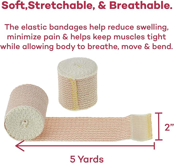 Dealmed 2" Elastic Bandage Wrap with Self-Closure – 10 Elastic Bandages, 5 Yards Stretched Compression Bandage Wrap, Wound Care Product for First Aid Kit and Medical Facilities