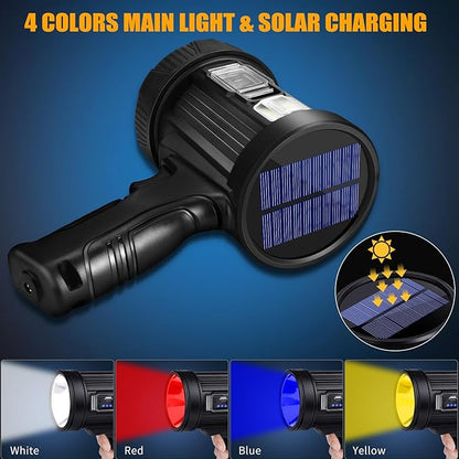 Rechargeable Spotlight, 1000000 Lumens Bright LED Spotlight Flashlight, Long Running Spot Light Searchlight, Outdoor Handheld Spotlights with Solar Panels for Hunting,Camping,Boat,6 Spotlight Modes