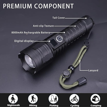 Flashlights High Lumens 10000Lumen Flashlight 5 Modes Power Display IP44 Waterproof, Zoomable High Power Flashlight for Camping Hiking Gift, Flashlights for Emergencies（7.1 * 2）(Battery Free)