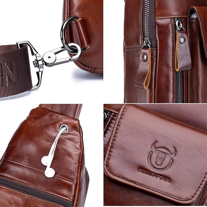 KPYWZER Leather Sling Bag Hiking Daypack for Men Women Outdoor Travel Camping Fishing Crossbody Shoulder Chest Pack Backpack Daypack Brown