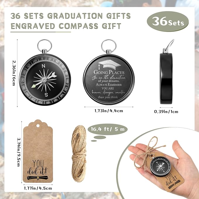 Coume 36 Set 2025 Inspirational Graduation Gifts Engraved Compass for Middle Senior College Graduate Student Compass with You Did It Diploma Sign Tag Gift for Travel Grad Souvenir Favor (Black)