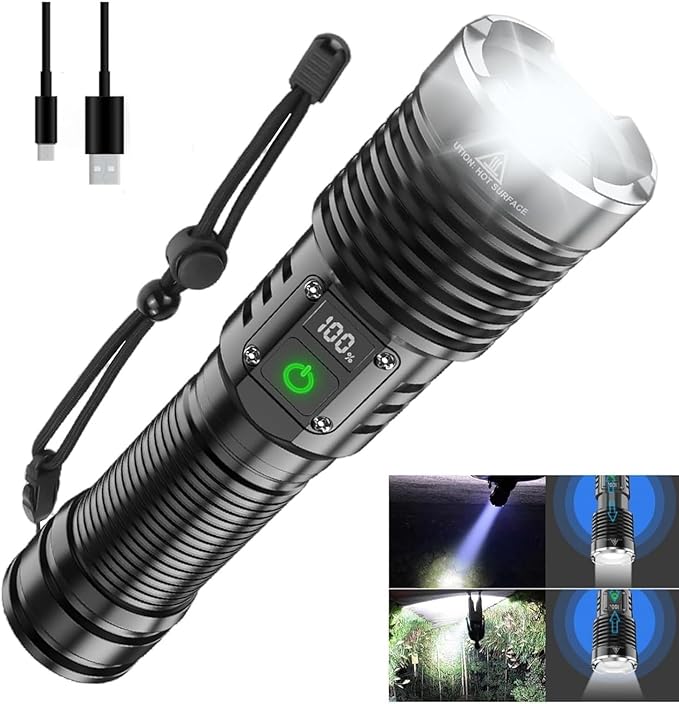 Flashlights High Lumens Rechargeable, 990000 Lumens Super Bright LED Flashlight, Powerful Tactical Flashlights, Brightest Waterproof Zoomable Handheld Flash Light High Powered for Camping Emergencies