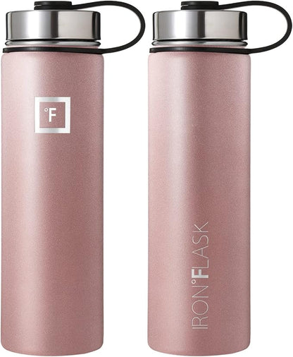 IRON °FLASK Camping & Hiking Hydration Flask, Wide Mouth, 3 Straw Lids, Stainless Steel Outdoor Water Bottle, Double Walled, Insulated Thermos, Metal Canteen - Rose Gold, 22 Oz
