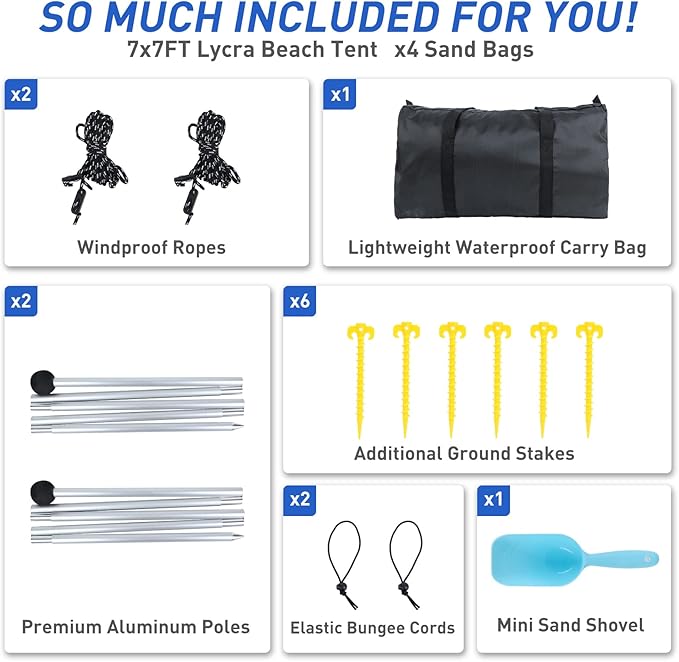 Beach Tent Pop Up Shade Canopy Sun Shelter UPF50+ with 2 Stability Poles/Carry Bag/Ground Pegs/Sand Shovel/Windproof Ropes Portable Outdoor Family Sunshade for Camping (Royal Blue,7×7FT)