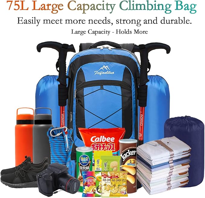 Hiking Backpack Waterproof Lightweight Durable 75L Large Capacity Travel Backpack Suitable for Hiking, Mountaineering, Camping, Fishing...
