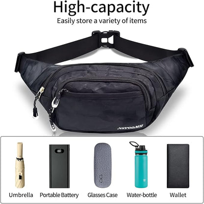Fanny Pack for Women & Men, 5-Zipper Pockets Water Resistant Practical Waist Bag, for Outdoor Running Cycling Sports Travel Hiking Fishing Fashion Camo Black Belt Bags
