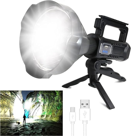 Foleto Rechargeable LED Spotlight Flashlights 120000 High Lumens, Super Bright Flashlight with 4 Modes IPX5 Waterproof, Large Searchlight for Fishing, Hiking and Camping with Tripod(Large)