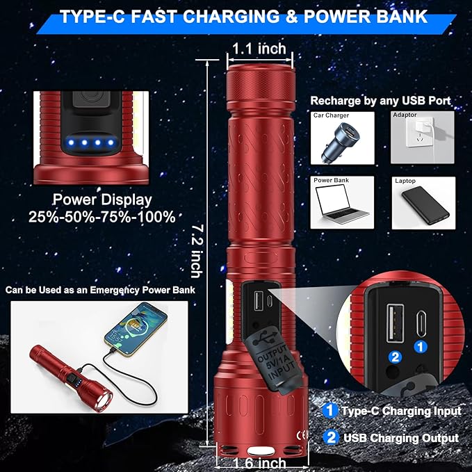 Rechargeable Magnetic Flashlights 100,000 High Lumens, Super Bright LED Powerful Flashlight 8 Modes with COB Work Light, Waterproof Handheld Flash Light for Camping (2 Pack with Paper Box, Red)