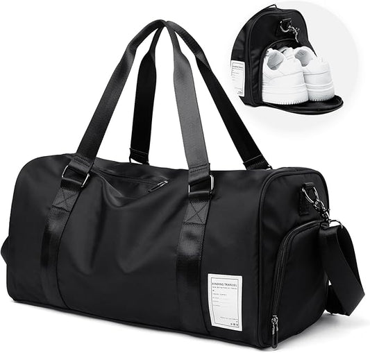 Large Carry on Gym Bag with Shoe Compartment for Men Women Waterproof Overnight Weekender Duffel Bag for Travel Personal Items Sports Workout Outdoors Black