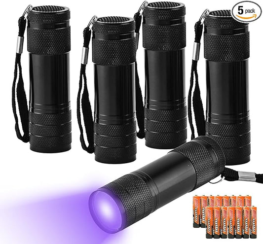 5 Pcs UV Black Light Flashlights Bulk, 9 Led 395-400nm Mini Blacklight Handheld Portable Torch Pet Urine Detector for Bed Bug, Hair, Dog Cat Urine and Stains Batteries Included