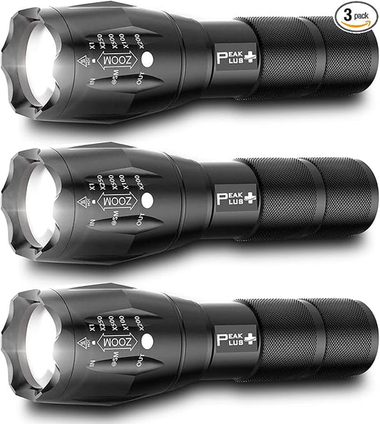 PeakPlus LED Tactical Flashlights High Lumens, Zoomable, 5 Modes Bright LED Flashlights for Emergencies, Camping, Outdoor LED Flash Lights Battery Powered, Handheld Flashlights (3 Pack) LFX1050