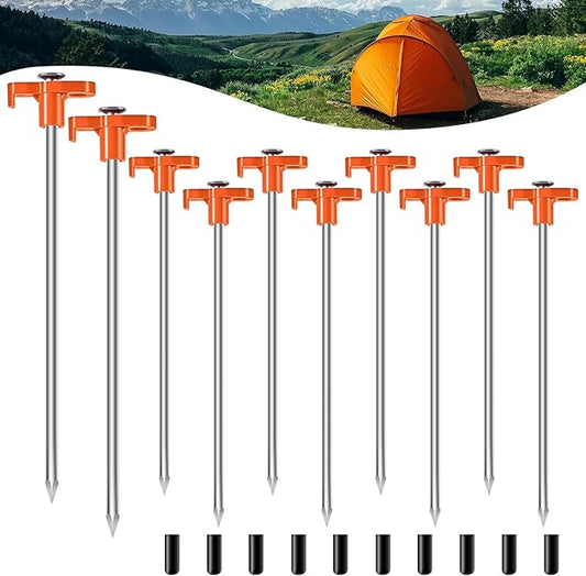 10PCS Tent Stakes Heavy Duty Camping Tent Stakes 7Inch Non-Rust Metal Tent Pegs with 10pcs Rubber Protective Sleeve (Orange)