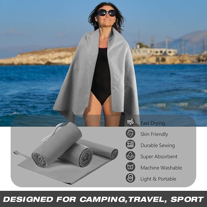 2 Pack Microfiber Beach Towel Large Travel Towel 60 x 30 Inch Quick Dry Swimming Towel Absorbent Ultra Compact Lightweight Camping Towel for Gym, Hiking, Pool, Yoga