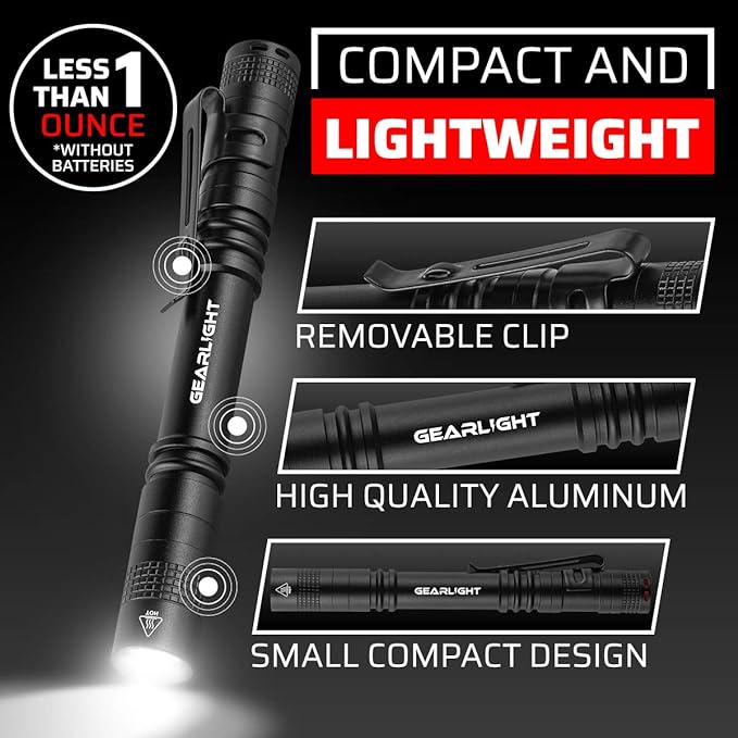 GearLight S100 LED Pocket Pen Light- 2 Small, Compact Flashlights with Clip for Tight Spaces, Police Inspection, Nurses & Medical Use
