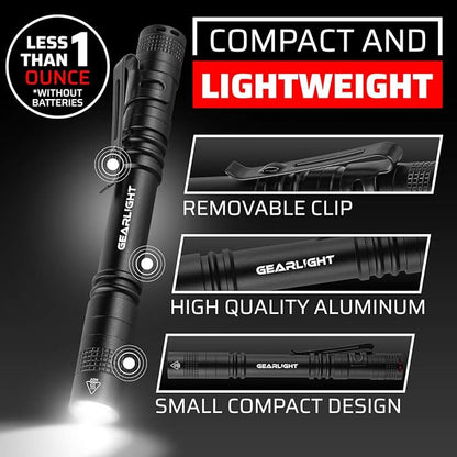 GearLight S100 LED Pocket Pen Light- 2 Small, Compact Flashlights with Clip for Tight Spaces, Police Inspection, Nurses & Medical Use