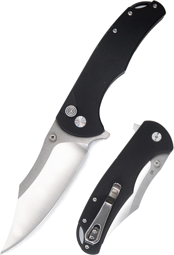FD04 Folding Pocket Knife, D2 Steel Blade G10 Handle and Button Lock EDC Pocket Cool Knife for Men and Women, Camping Hunting Hiking Fishing Knives Tools (Black Clip)
