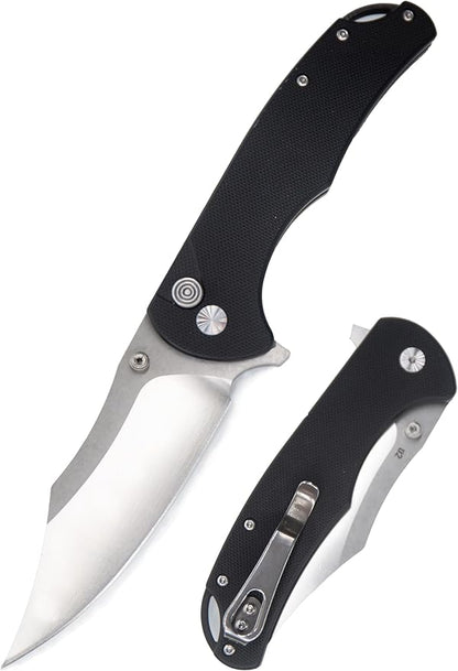 FD04 Folding Pocket Knife, D2 Steel Blade G10 Handle and Button Lock EDC Pocket Cool Knife for Men and Women, Camping Hunting Hiking Fishing Knives Tools (Black Clip)